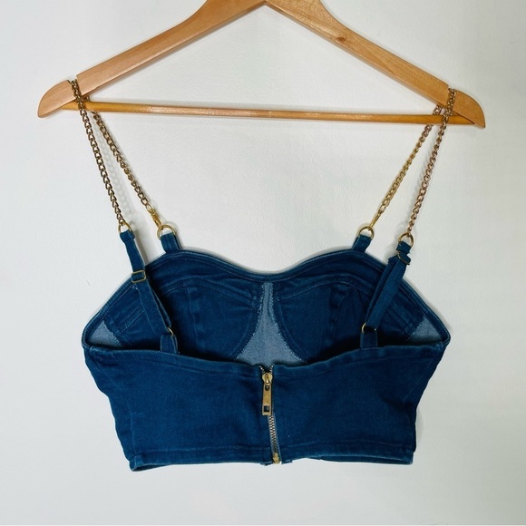 💫 Denim Bustier Gold Chain Crop Top Jean Bralette - Picture 7 of 7